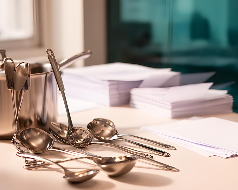 Mesa de trabajo con utensilios de cocina de acero y documentos de privacidad en una oficina luminosa de Buenos Aires