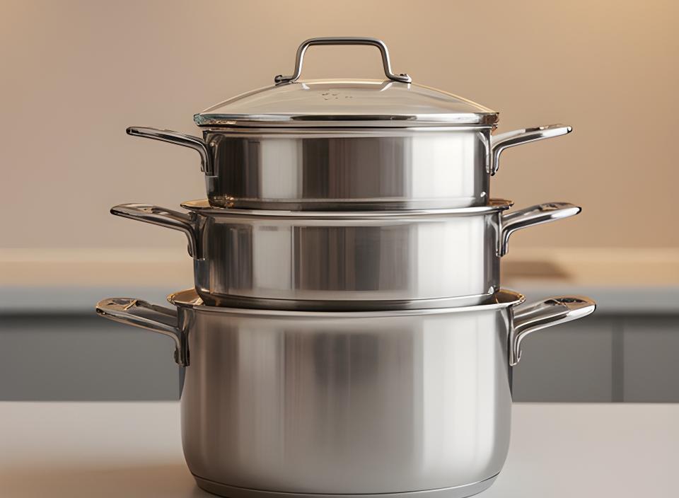 Set de cacerolas de acero inoxidable con tapas de vidrio, apiladas en una cocina moderna con luz cálida