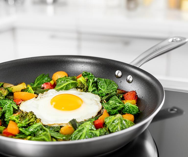 Sartén antiadherente profesional con huevo y verduras en una cocina de estilo contemporáneo