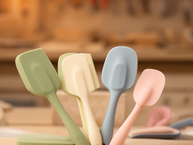Espátulas de silicona de colores suaves en un taller de cocina, con fondo difuminado y luz cálida