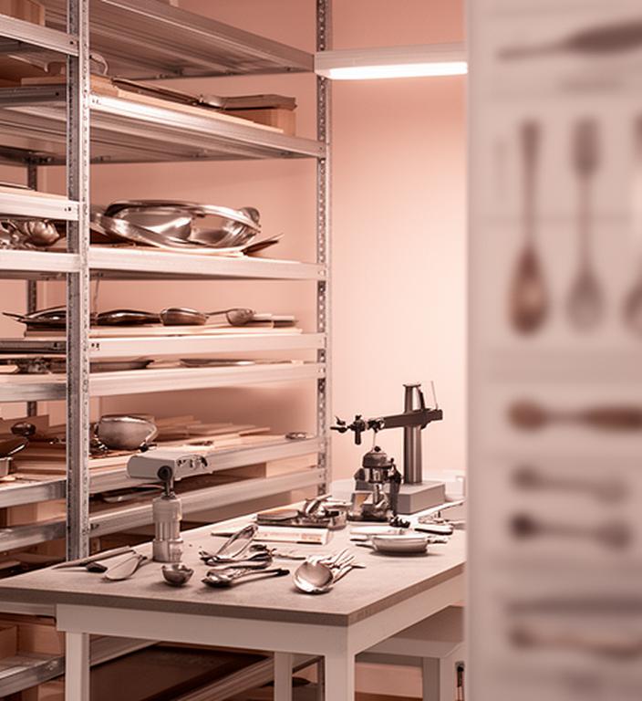 Interior del taller con estanterías de acero, piezas en proceso y una mesa de control de calidad ordenada
