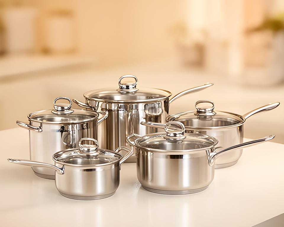 Set nuevo de cacerolas de acero inoxidable sobre una mesa de cocina luminosa, con terminaciones pulidas y aspecto premium