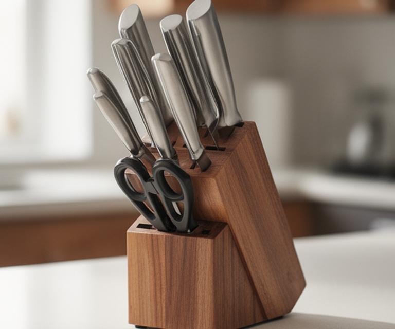 Set de cuchillos en bloque de madera sobre una mesada limpia con luz natural