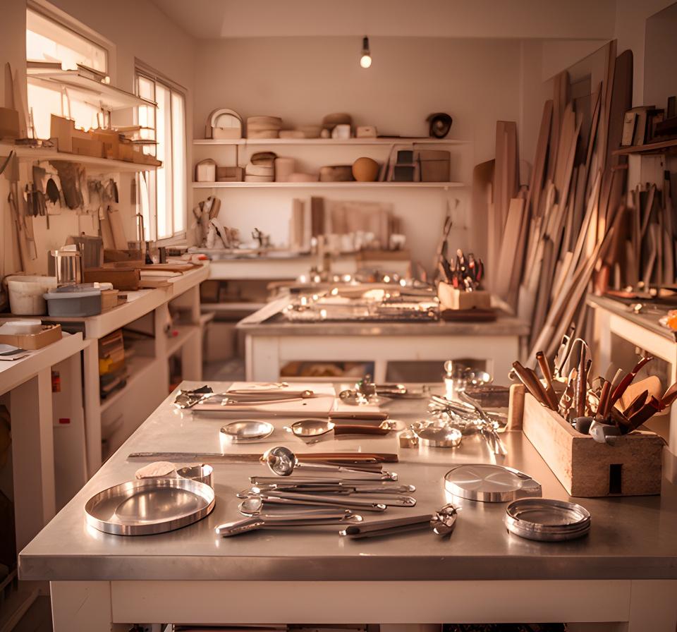 Taller familiar de utensilios de cocina en Villa Ortúzar con mesas de trabajo, metal pulido y luz cálida de mañana