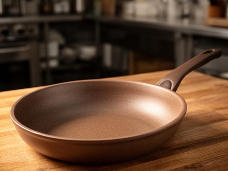 Sartén de 24 cm con revestimiento cerámico apoyada sobre una mesa de madera en una cocina de trabajo