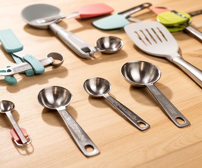 Accesorios de cocina ordenados sobre una tabla con cucharas medidoras y espátulas