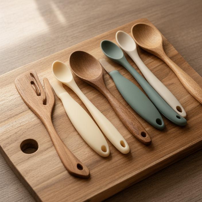 Accesorios de cocina de madera y silicona ordenados sobre una tabla, con estética natural y minimalista