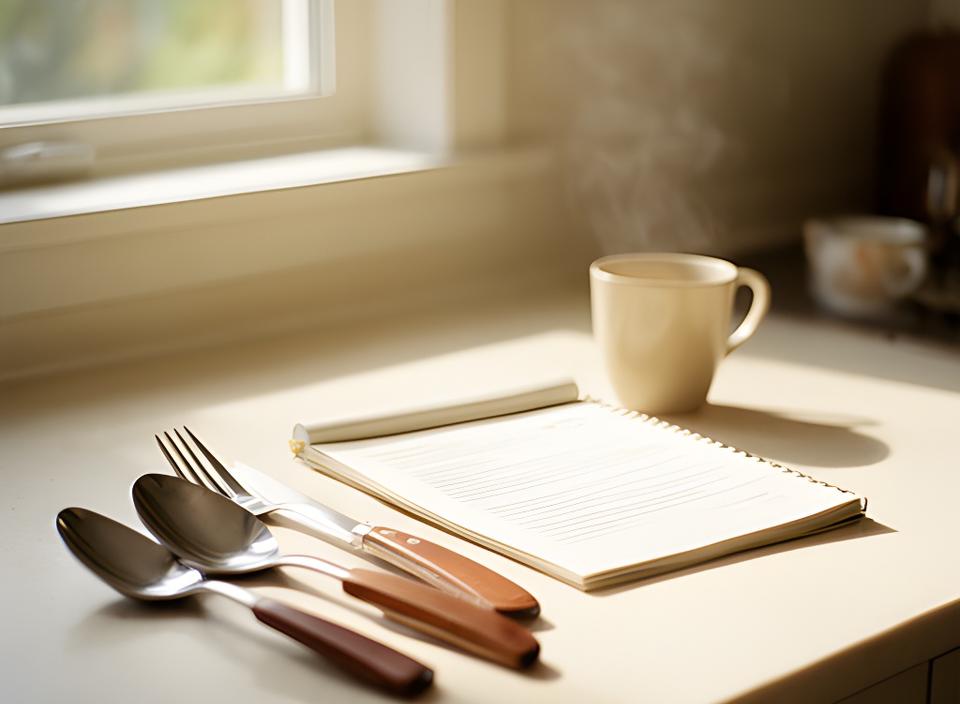 Mesa de cocina luminosa con utensilios ordenados, libreta abierta y taza junto a una ventana, en un ambiente de trabajo sereno