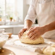 Cocinera aficionada preparando masa en una cocina doméstica luminosa