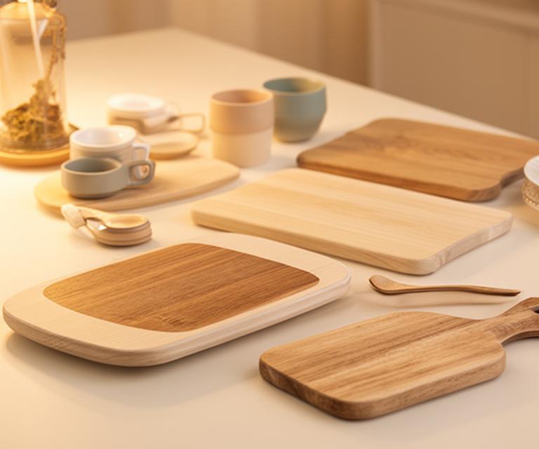 Tablas de cocina y accesorios para el hogar sobre una superficie clara con estética cálida