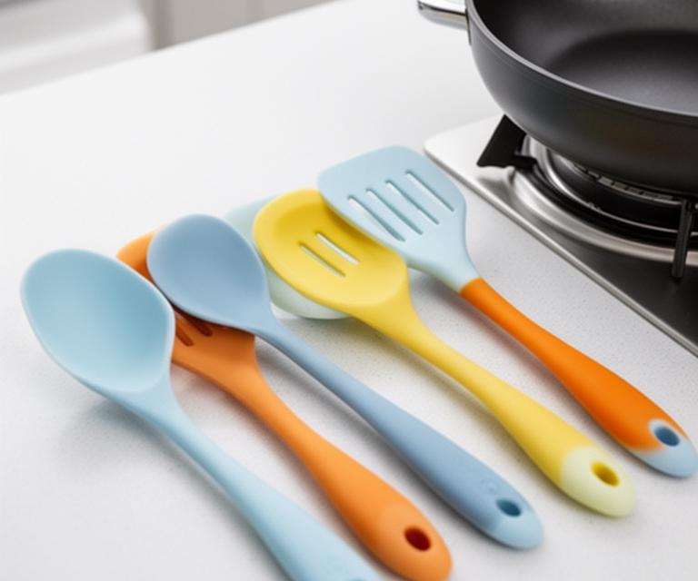 Utensilios de silicona de colores suaves apoyados junto a una fuente para cocinar