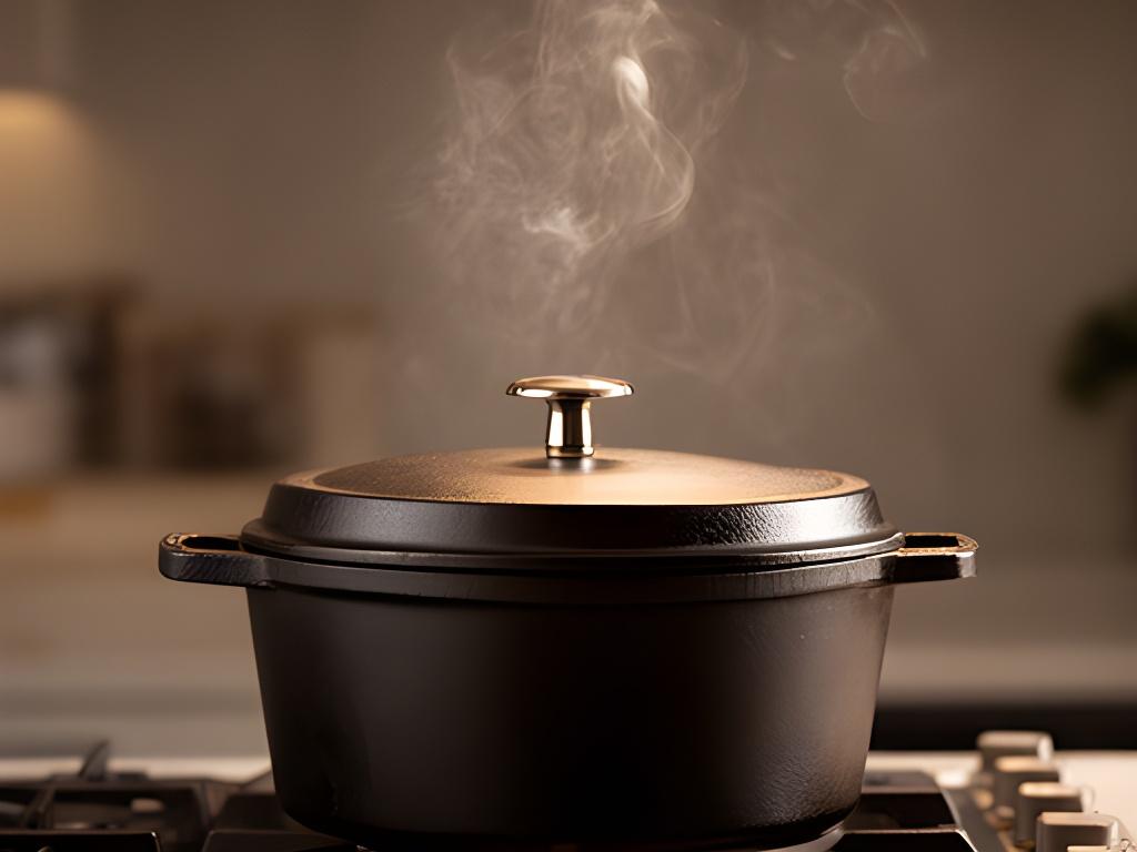 Olla de fundición sobre hornalla moderna con vapor saliendo y terminación mate