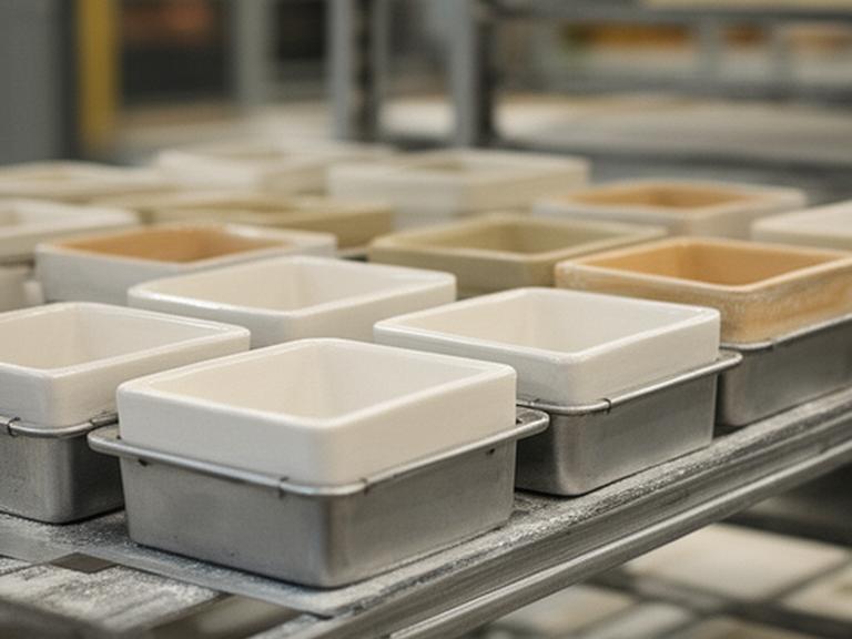 Moldes para horno acomodados en una repisa metálica dentro de un taller de producción prolijo