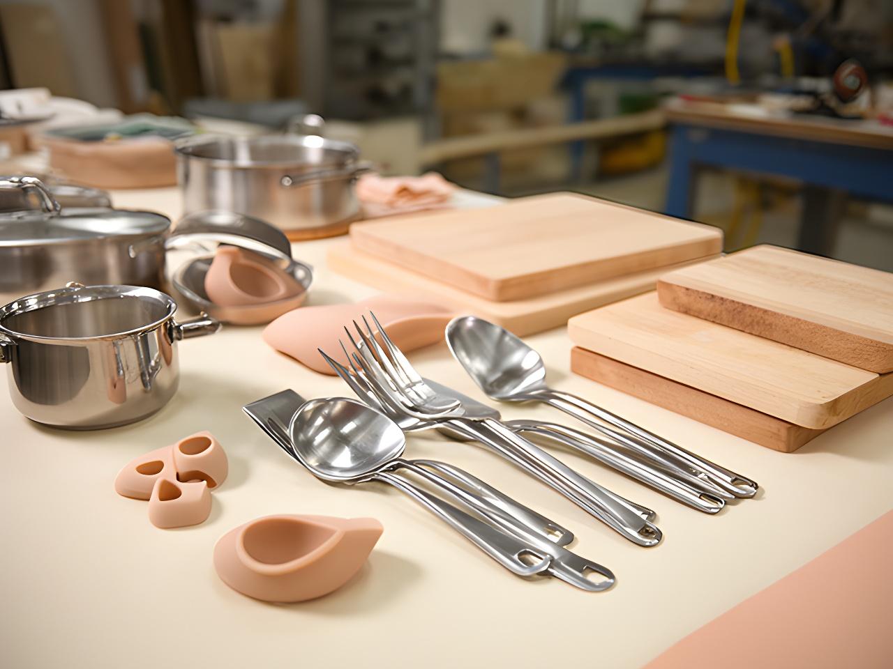 Mesa de cocina luminosa con utensilios de acero, piezas de silicona y tablas ordenadas en un taller de Buenos Aires