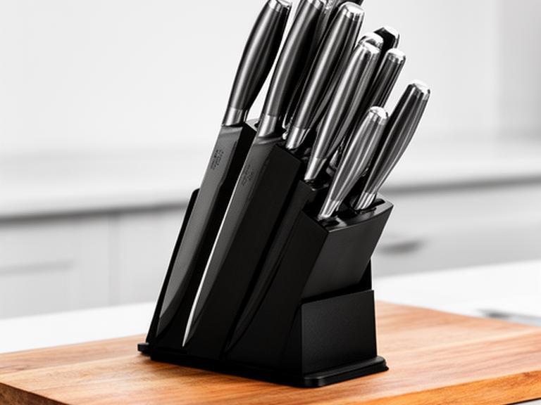 Set de cuchillos de cocina con base negra sobre una tabla limpia, listo para preparación profesional